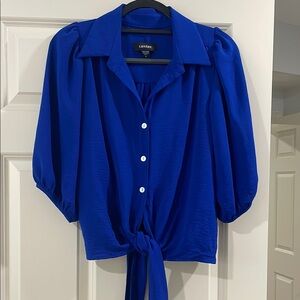 Karen Kane Blue Button Down Blouse with Notched Collar